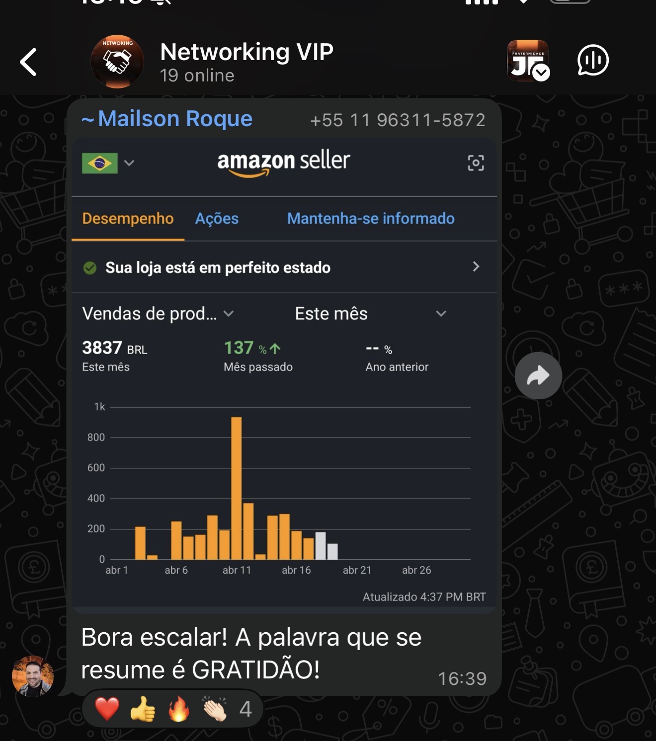 Print do Mailson Roque · R$3.837 no mês com 137% de crescimento